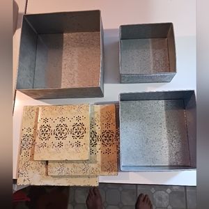 Punched tin metal nesting boxes vintage Yellow/Grey silver metal.